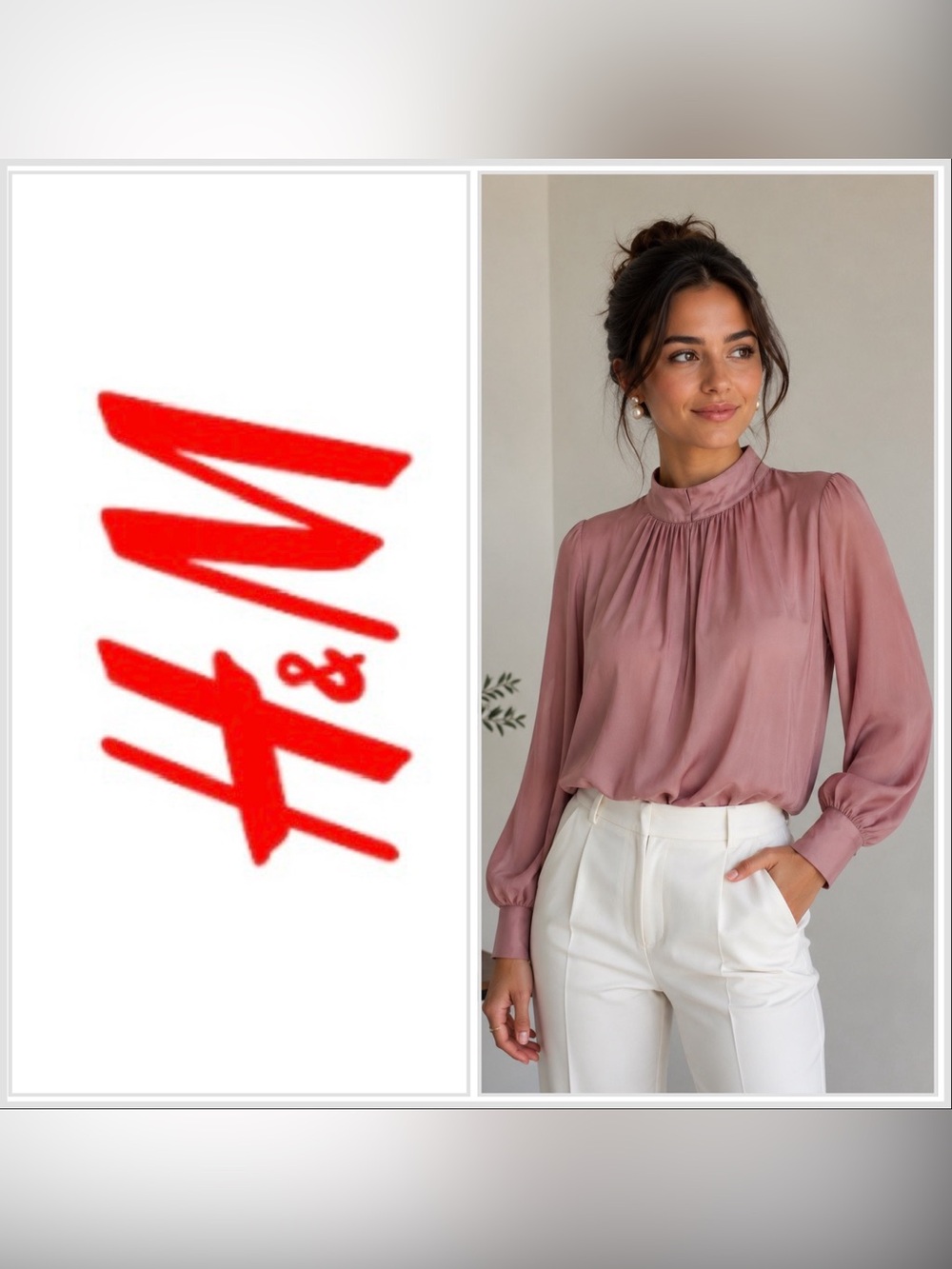 3/$30 H & M Deep Dusty Rose Mauve Silk-like High Neck Shirred Blouse Size Small